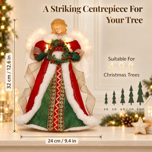 HMASYO Red & Green Angel Tree Topper with Timer Lights, 12" Christmas Decor