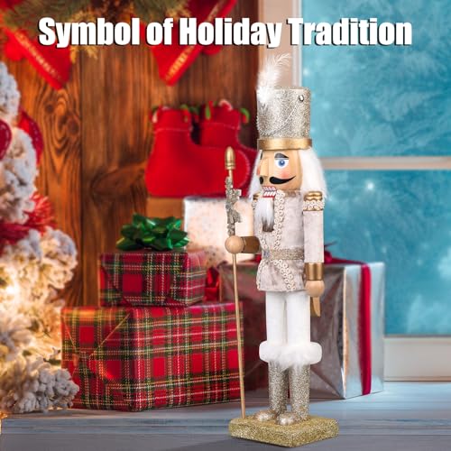 15-Inch Wooden Christmas Soldier Nutcracker Figurine, Silver Holiday Decor