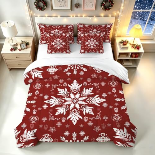 Red White Snowflake Twin Bedding Set - 5 Piece Bed in a Bag, Vintage Style, Model FUYEUN, Variation 02