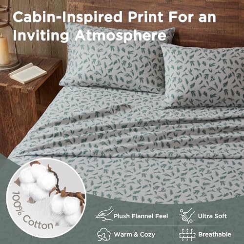 Woolrich King Flannel Sheet Set with Pine Branches Print, 100% Cotton 14" Pocket Fits King