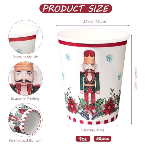 WRAPAHOLIC 9oz Christmas Nutcracker & Poinsettia Paper Cups - 50 Pack