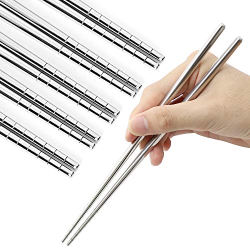 5 Pairs Stainless Steel Chopsticks - Reusable Non-Slip Metal Flatware