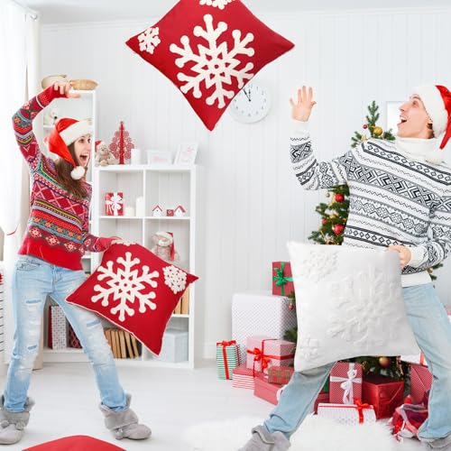 Christmas Snowflake Throw Pillow Covers 18x18 Set of 4 Red White Embroidered Linen Decor