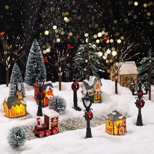 Aoriher 15 Pcs Christmas Figurine Village Accessories Miniature Pine
