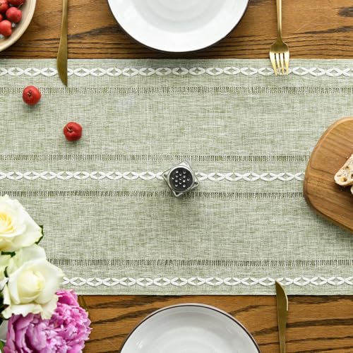 Sage Green Cotton Linen Table Runner - Embroidered Hollow 13x72 Inch