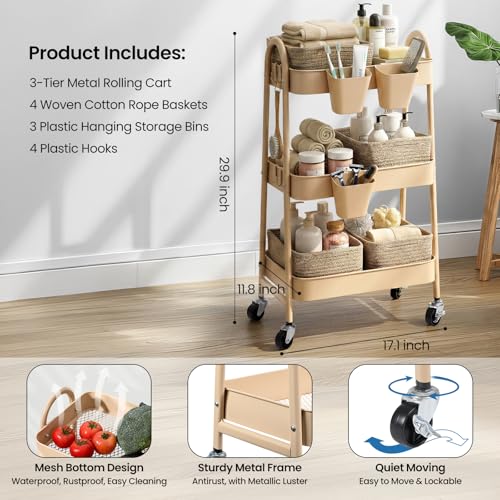 Rolling Utility Cart with 4 Woven Baskets & Lockable Wheels, Brown
