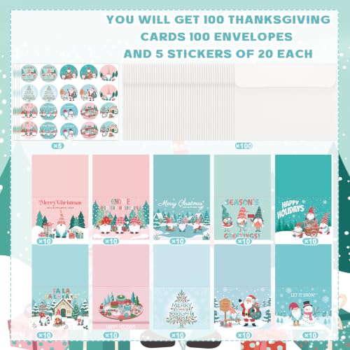 Engrowtic Christmas Gnome Greeting Cards Set with Envelopes & Seals - 10 Assorted Holiday Designs