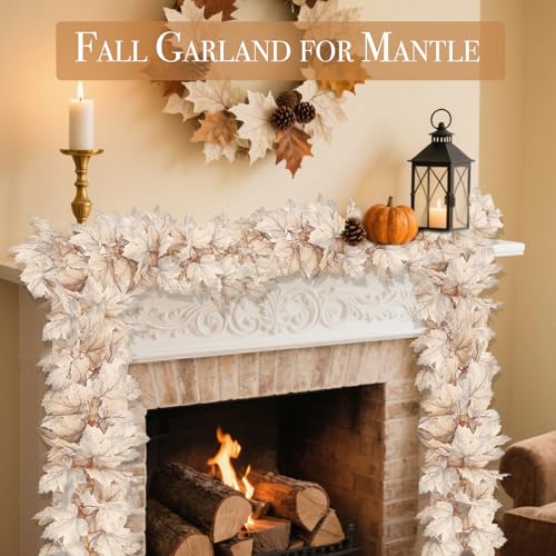 2-Pack Artificial Muted White Maple Leaf Garland 6ft - Neutral Fall Decor