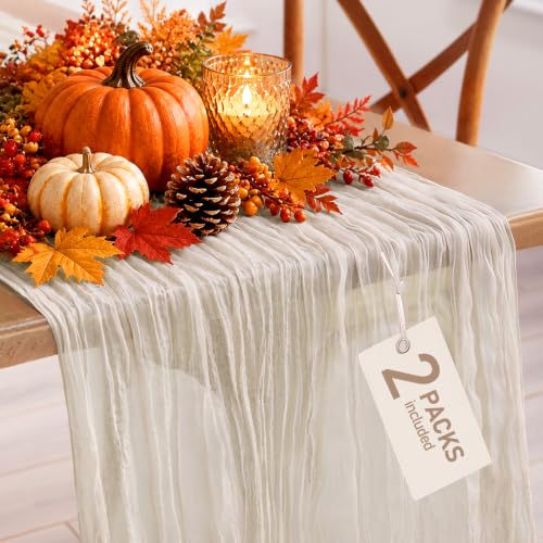 Pureegg Ivory 120-Inch Cheesecloth Table Runner - 2 Pack, 10ft, 12-24 in Drop