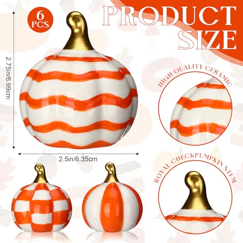 3-Piece Ceramic Pumpkin Set, Orange and White Checkered Fall Table Decor