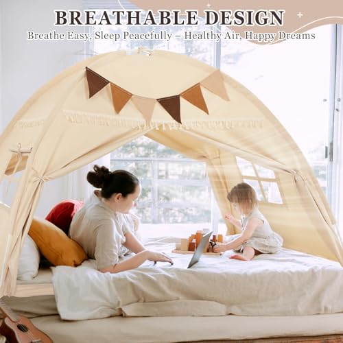 Twin Bed Tent Canopy for Kids with Flags & Star Lights - Portable Bedroom Privacy Tent