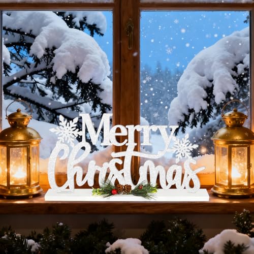 Wooden Merry Christmas Table Sign, White Glitter Snowflake Farmhouse Decor (M) 11.81 x 5.91 in