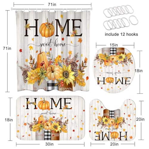 Fall Shower Curtain Set with Rugs - Autumn Pumpkin Maple Leaves Decor