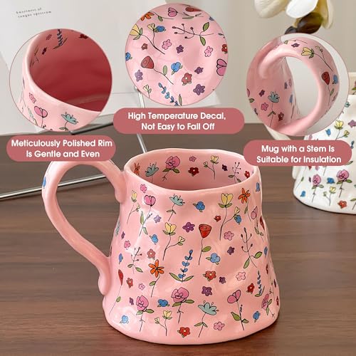Movlen White 20oz Large Ceramic Floral Mug with Handmade Irregular Shape & Big Handle — Pink Girly Tea & Coffee Cup for Women, Mothers Day, Christmas