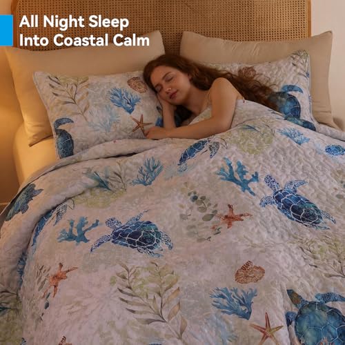 Sea Turtle Coastal Quilt Set Queen Size - Soft Microfiber Bedding