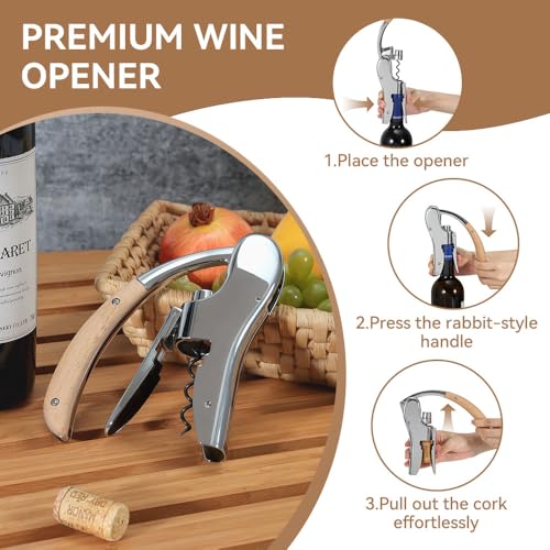 Rabbit Wine Opener with Wooden Handle & Foil Cutter – Lever-Style Corkscrew for Bar & Home Use