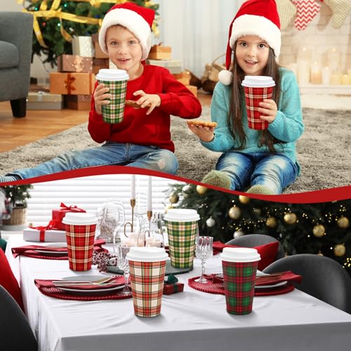 JarThenaAMCS 16 oz Christmas Buffalo Plaid Disposable Coffee Cups with Lids, 48 Pcs