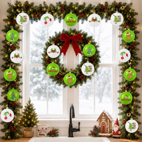12-Pack White & Green Christmas Ornaments 2.36in - Pre-Assembled Plastic Balls