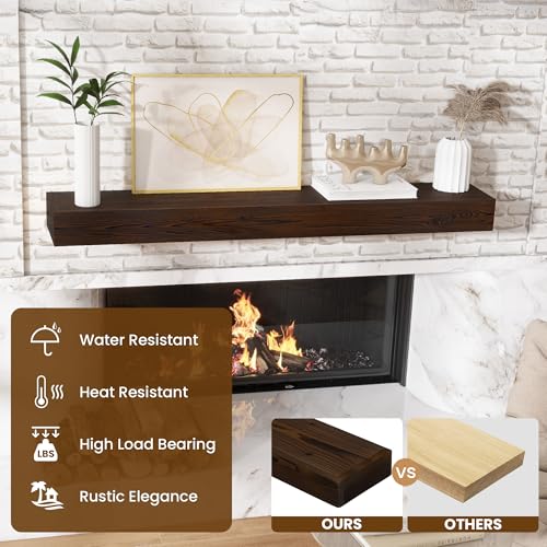Floating Fireplace Mantel Shelf - Rustic Brown 60x8x3 Inches Wooden Wall Shelf