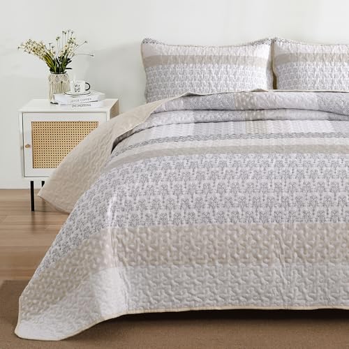 Beige Queen Quilt Set - Boho Striped Patchwork Bedspread (3-Piece)