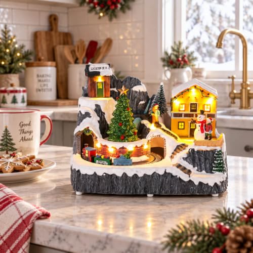 MEETYAMOR Lighted Christmas Village Set with Moving Train & Trees - Indoor Holiday Decor