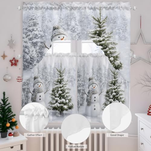 Christmas Kitchen Curtain and Valance Set 3 Pieces - Grey Snowman & Pine Tree Short Tier Curtains, 27.5"W x 24"L, Variations of THIS listing