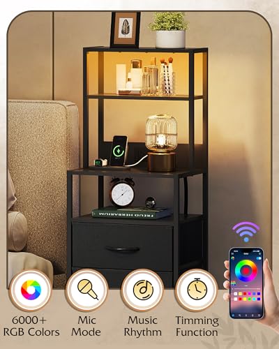 Tall Nightstand with Charging Station, LED Light and 4 Fabric Drawers