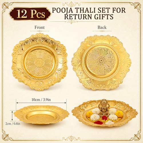 12 Pack 3.9 Inch Gold Metal Pooja Thali Plates Embossed Decorative Trays