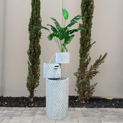 33.5-Inch Modern Zinc Metal Tiered Water Fountain with Integrated Planter