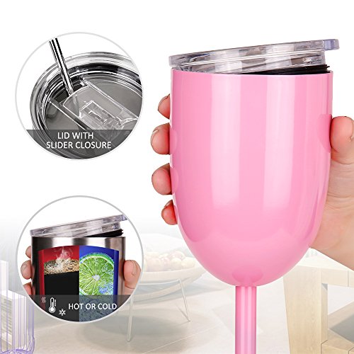 AMZUShome Light Pink 10oz Double Walled Insulated Stainless Steel Wine Glass with Lid & Straw