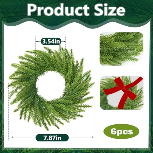 6-Piece Mini Christmas Norfolk Pine Wreaths with Bows, 7.9-Inch Candle Rings