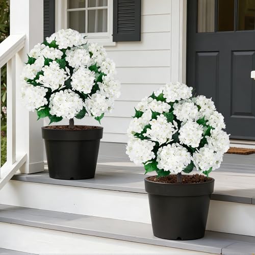 33" Artificial Hydrangea Topiary Ball Trees - 2 Pack UV Resistant Faux Shrubs
