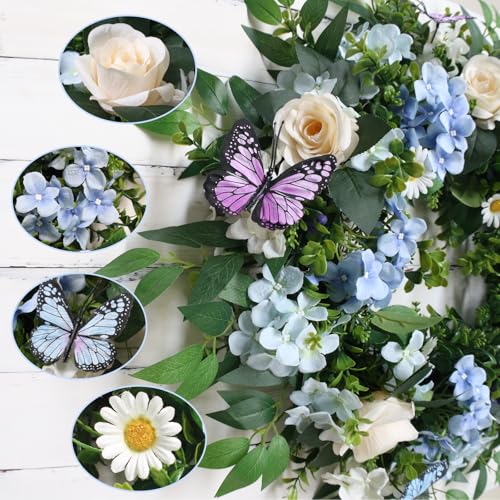 24-Inch Lighted Spring Hydrangea Wreath with Timer for Front Door Decor