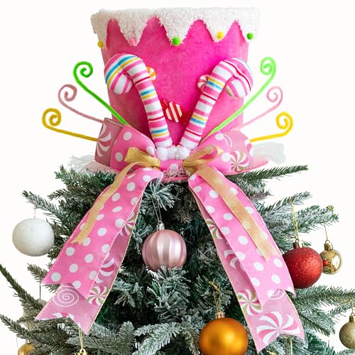 Pink Candy Cane Top Hat Christmas Tree Topper with Long Ribbon Bow