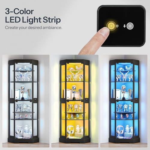 6-Tier Corner Display Cabinet with Glass Doors and LED Lighting