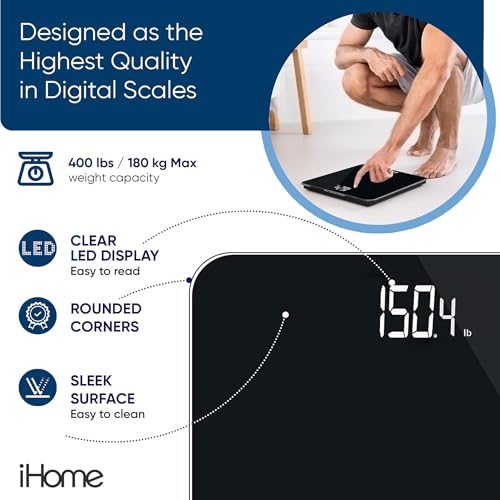 Digital Bathroom Scale for Body Weight - 400 lbs Capacity, Black Tempered Glass
