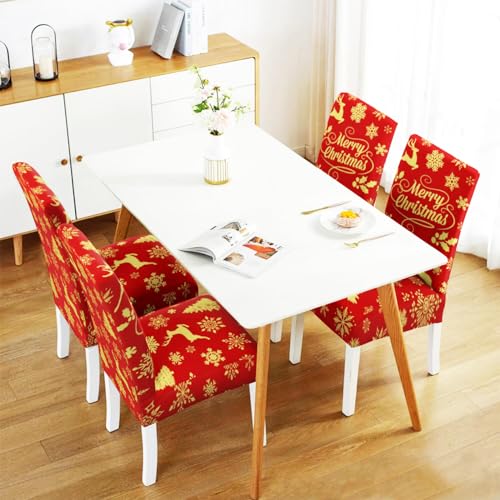 Red Snowflake Xmas Chair Covers Set of 6 - Elastic Removable Washable Dining Slipcovers for Holiday Decor