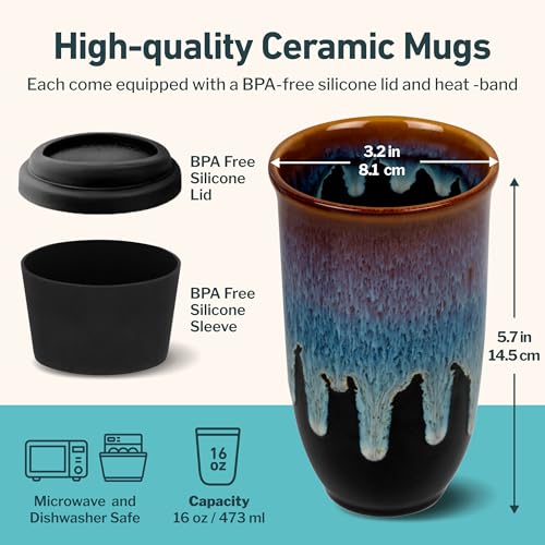 NOVA CERAMICS Monsoon 16oz Ceramic Travel Mug - Green Coffee Tumbler, Microwave & Dishwasher Safe