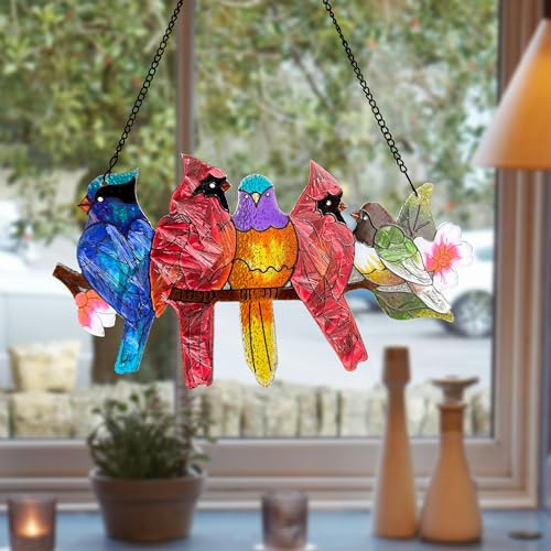 Cardinal Stained Glass Window Hanging Suncatcher - 12.8x16.9 in, Bird Lover Gift by DASTOLL
