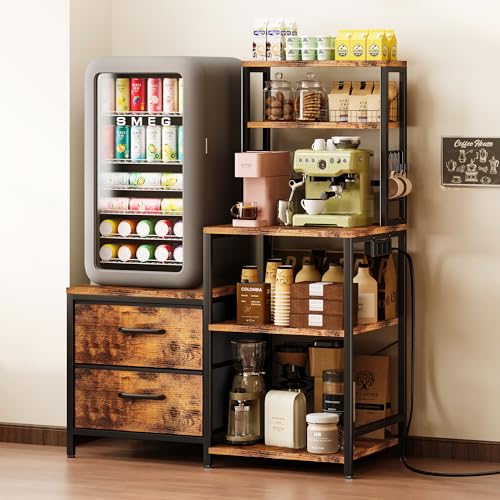 Mini Fridge Stand with Power Outlet, Coffee Bar Cabinet & Storage Shelves