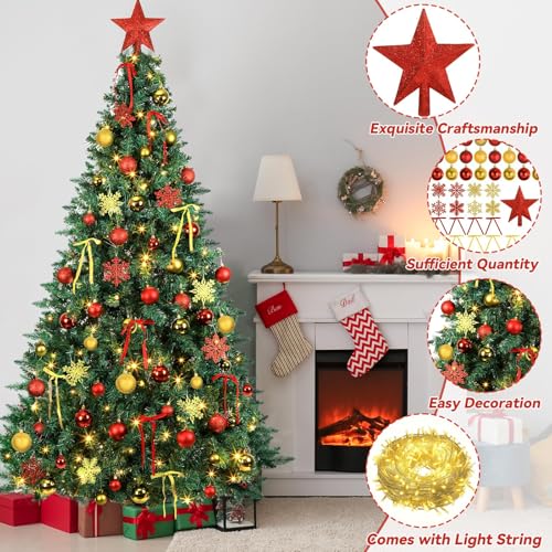 Justforjoyful 86PCS Red & Gold Christmas Ornaments Set with 65.5ft LED Lights - Includes Topper, Balls, Snowflakes & Bows (Red & Gold)