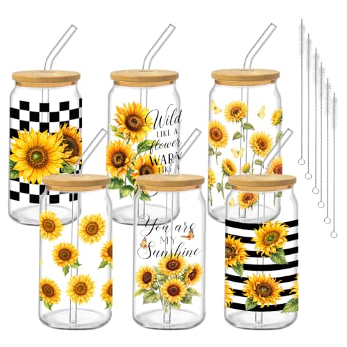 16oz Sunflower Glass Cups with Bamboo Lids and Straws, 6-Piece Set