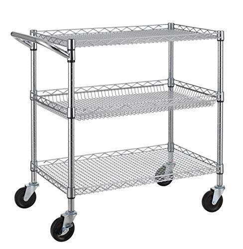 3-Tier Heavy Duty Steel Wire Rolling Utility Cart with Wheels & Handle