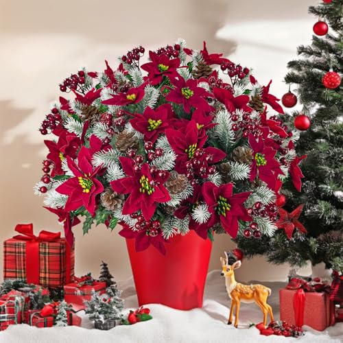 Deep Red Artificial Poinsettia Flowers Christmas Decoration 12 Pack - Velvet Faux Bouquets for Holiday & Indoor Decor