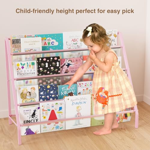 4-Tier Metal Kids Bookshelf - Transparent Front-Facing Toddler Book Rack