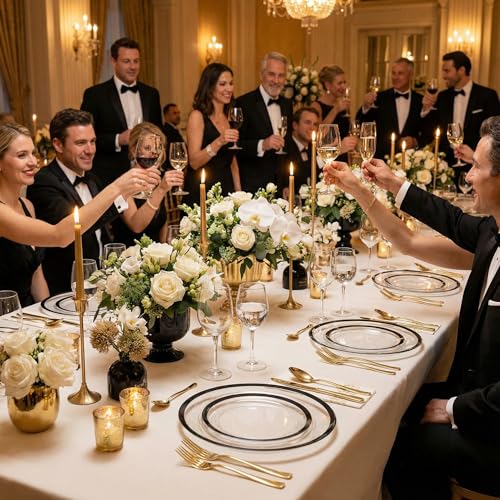 120PCS Clear & Black Rim Disposable Plastic Plates Set - Heavy Duty, Elegant Design for Events