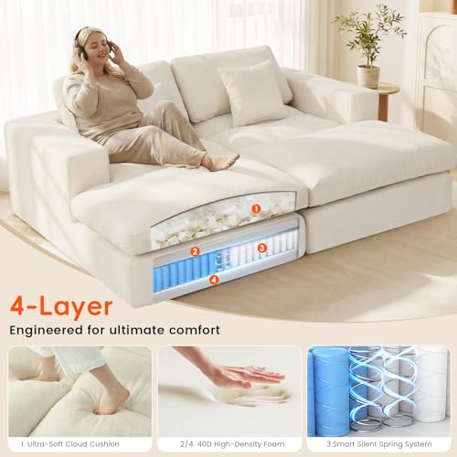 Oversized Modular Double Chaise Lounge Sofa Bed with Memory Foam, Beige