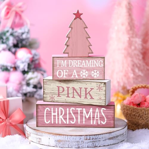 Lineshading Pink Christmas Tree Sign 4-Piece Wooden Table Decor Set