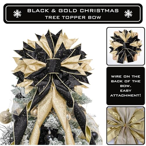 Black & Gold Large Christmas Tree Topper Bow 53x13 Inches - Handmade Holiday Decor
