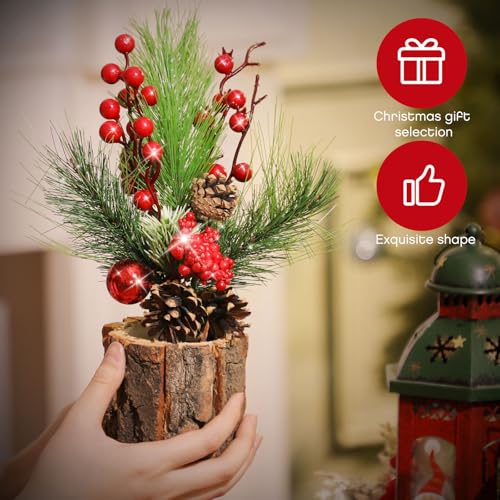 Solsew 3 Pcs 11 Inch Classic Christmas Tabletop Trees with Ornaments & Pine Cones